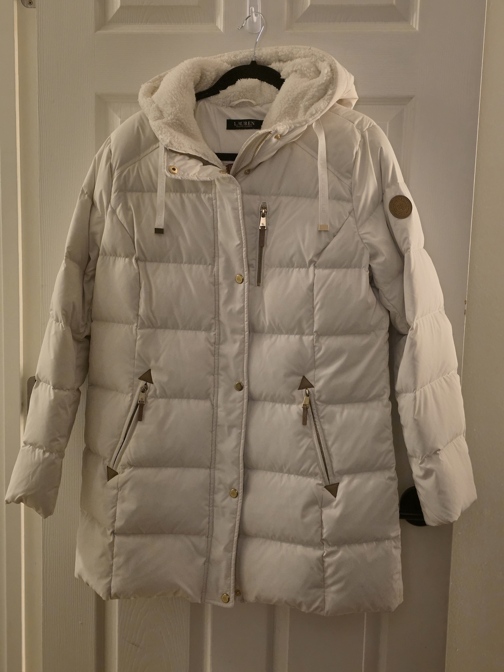 Lauren Ralph Lauren Cream Quilted Puffer Coat with Sherpa Hood